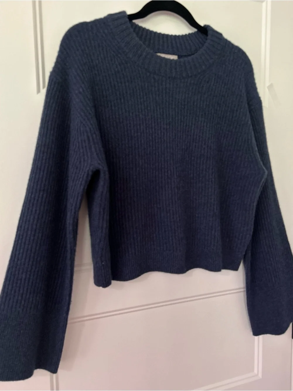 J.Crew 100% Cashmere Rib Knit Cropped Sweater Blue Bell Sleeve M Boxy Cozy Soft